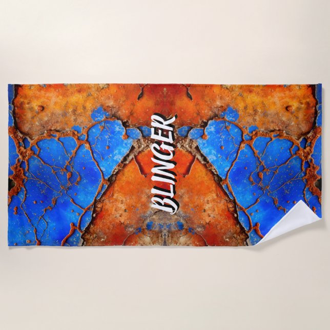 Blau und Orange Rusty Metal Strandtuch (Vorderseite)