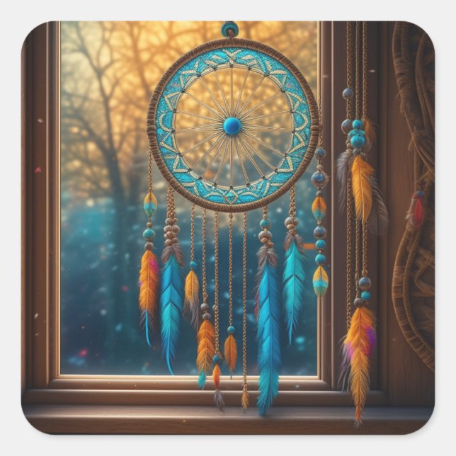 Blau und orangefarbener Dreamcatcher in Windows Quadratischer Aufkleber (Vorderseite)