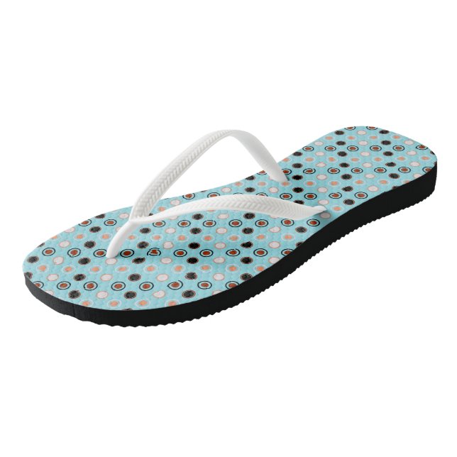 Blau- und Orangenpunkte 4 Flip Flops (Schrägansicht)