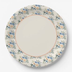Blau und Pfirsichfarbenes Blumenmuster Pappteller