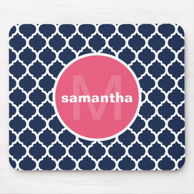 Blau und Pink Quatrefoil Monogramm Mousepad (Vorne)