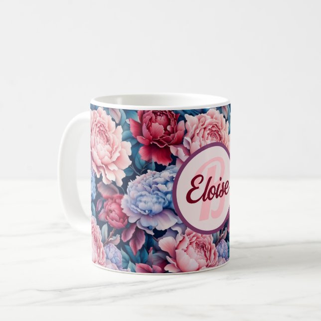 Blau und Rosa Blume Personalisiert Kaffeetasse (Vorderseite Links)