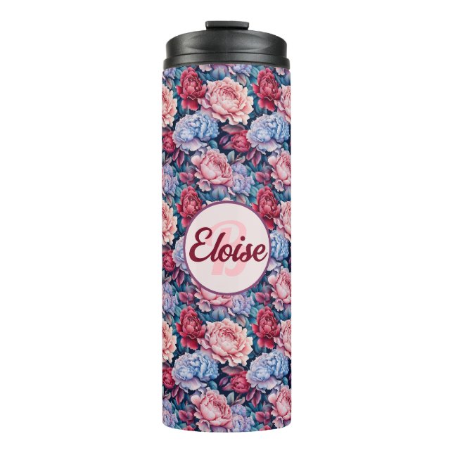 Blau und Rosa Blume Personalisiert Thermosbecher (Vorderseite)