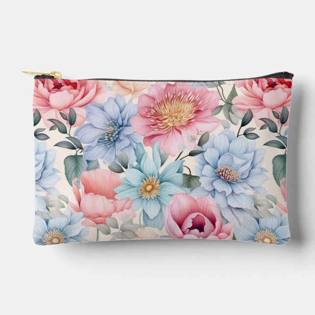 Blau und Rosa Blumen Zubehörtasche (Vorderseite)