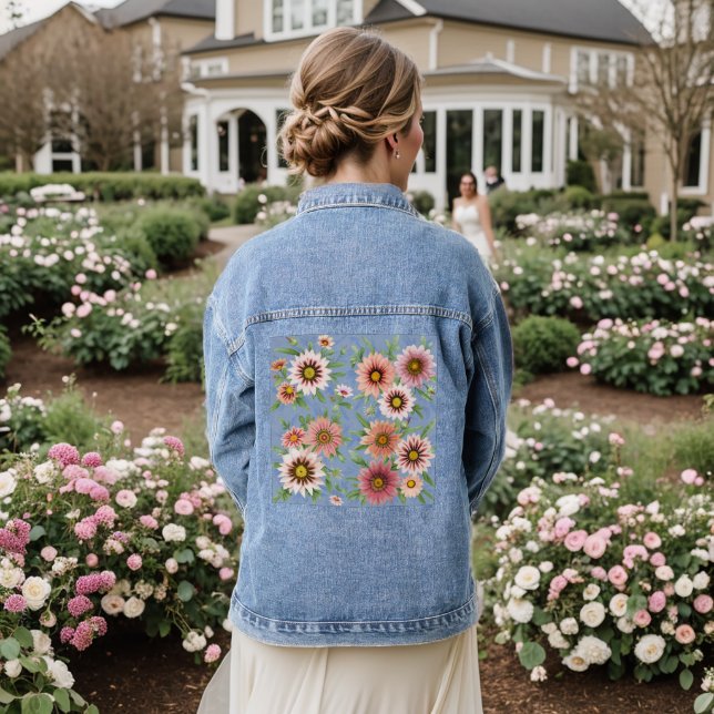 Blau und Rosa Daisy Botanische Kunst Jeansjacke (Hochzeit Rückseite)