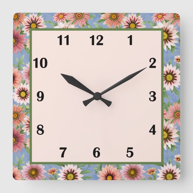 Blau und Rosa Daisy Botanische Kunst Quadratische Wanduhr (Vorderseite)