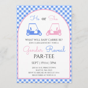 Blau und Rosa Gingham Golf Geschlechterenthüllung Einladung