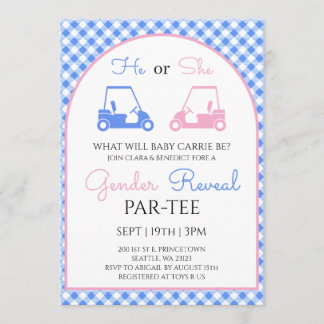 Blau und Rosa Gingham Golf Geschlechterenthüllung Einladung