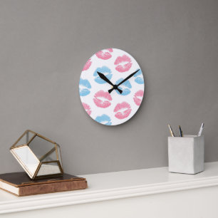 Blau- und Rosa-Lippen-Muster, Lippenstift, Kuss Runde Wanduhr