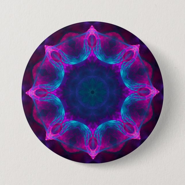 Blau und Rosa Neon Dark Kaleidoskop Gradient Button (Vorderseite)