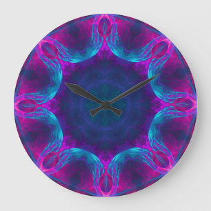 Blau und Rosa Neon Dark Kaleidoskop Gradient Große Wanduhr