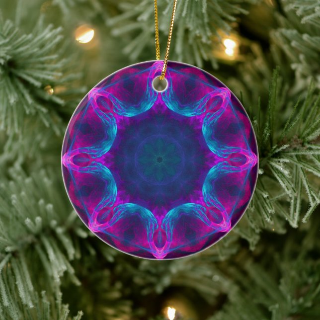 Blau und Rosa Neon Dark Kaleidoskop Gradient Keramik Ornament (Baum)