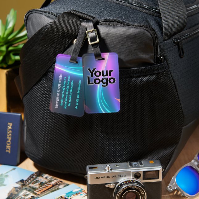 Blau und rosa Neon Serenity Swirl mit Logo Gepäckanhänger (Vorderseite & Rückseite)