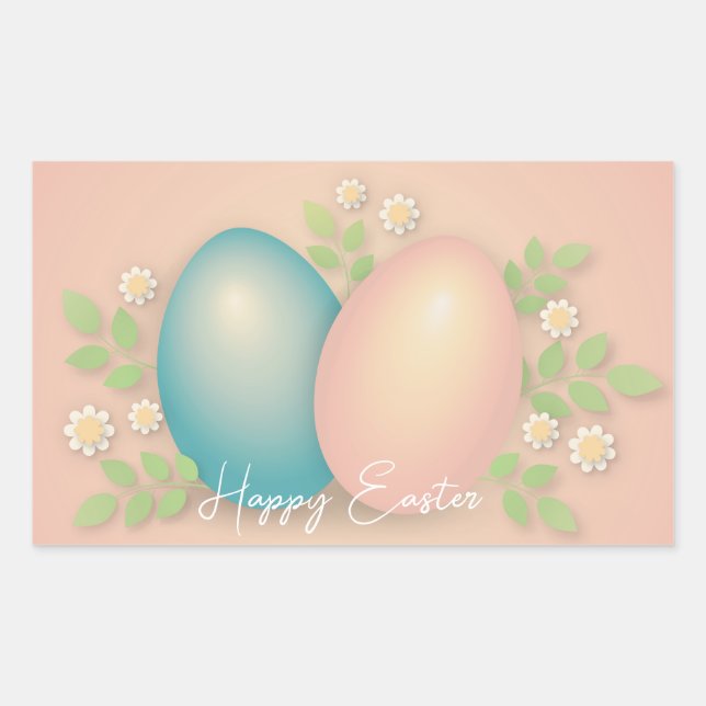 Blau- und rosa Ostereier und Frühlingsblüten Rechteckiger Aufkleber (Vorderseite)