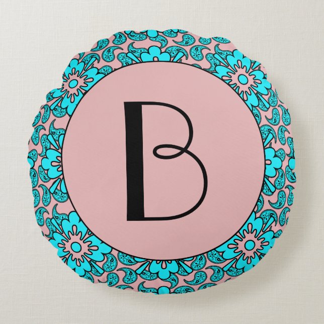 Blau und Rosa Paisleys Black Initial Rundes Kissen (Vorderseite)