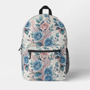 Blau- und rosa Rosenmuster auf Weich-Pinkisch-Weiß Bedruckter Rucksack