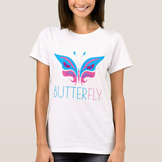 Blau und Rosa Schmetterling elegant T-Shirt (Vorderseite)