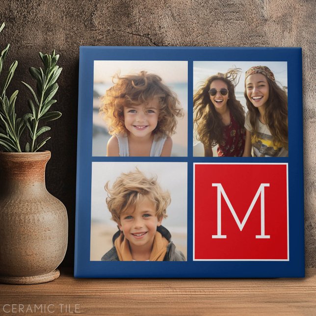 Blau und Rot-FotoCollage mit Monogramm Fliese (Custom Tile)