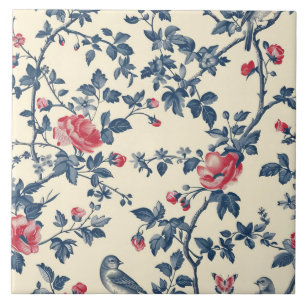 Blau und Rot Toile de Jouy floral Fliese