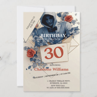 Blau und Rote Rose Gothic 30. Geburtstag Einladung