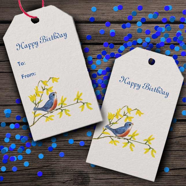 Blau und Roter Vogel auf Ast Gelbe Blumen singen Geschenkanhänger (Cute blue red bird on branch with pretty spring yellow flowers on Birthday gift tag.)