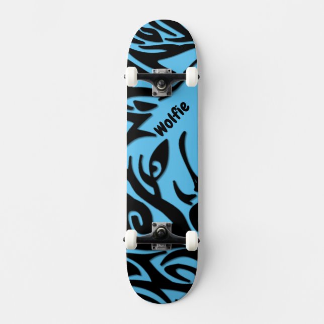 Blau und Schwarz Abstrakter StammWolf mit Name Ska Skateboard (Vorderseite)