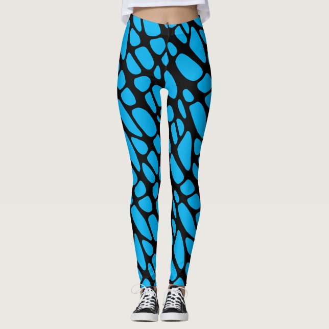 Blau und Schwarz Abstraktes Bio Webmuster Leggings (Vorderseite)