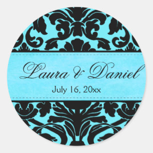 Blau und schwarz Damask 1,5" Hochzeitsaufkleber Runder Aufkleber