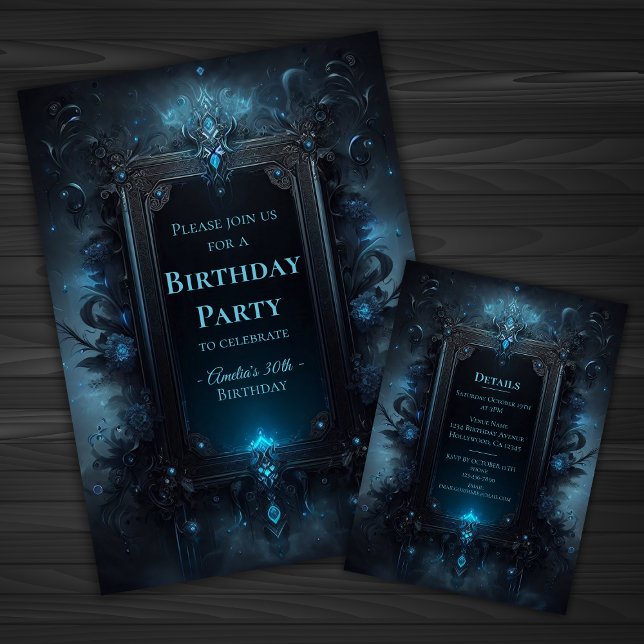 Blau und Schwarz Mystical Hexy Gothday Einladung (image shows front and back of invitation)