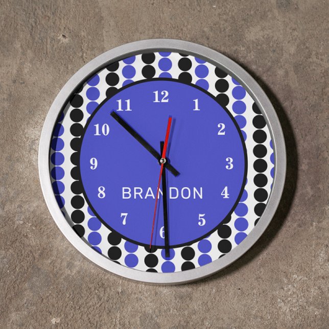 Blau- und Schwarz-Polka-Punkte mit Namen Große Wanduhr (Von Creator hochgeladen)