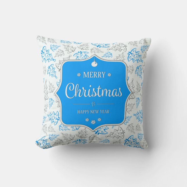Blau und Silber Elegantes Weihnachtsbaummuster Kissen (Vorderseite)