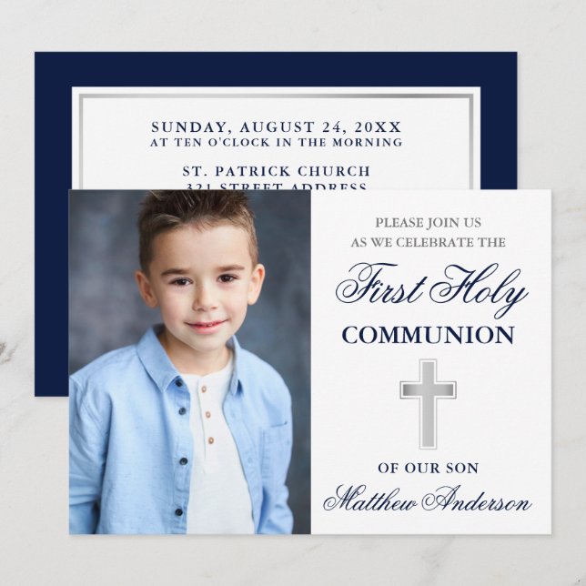 Blau und Silber Erste Heilige Kommune Foto Einladung (Vorne/Hinten)