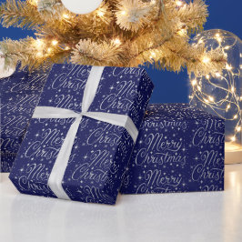 Blau und Silber Frohe Weihnachts-Script-Muster Geschenkpapier