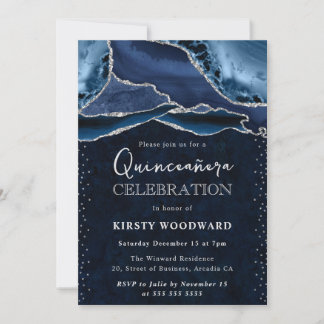 Blau und Silber Glitzer Agate Quinceanera Einladung