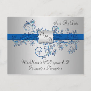 Blau-und Silber-Monogramm-Wirbel mit Blumenmuster Ankündigungspostkarte