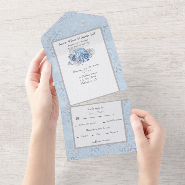 Blau und Silberleopard drucken Aquarellfarben-Blum All In One Einladung (Abreißen)