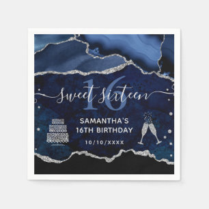 Blau und Silberner Glitzer Agate Marble Sweet 16 Serviette