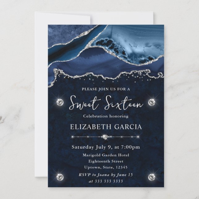 Blau und Silberner Glitzer Agate Sweet 16 Einladung (Vorderseite)