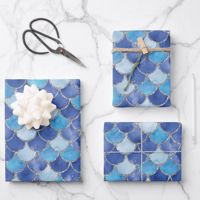 Blau und Silver Mermaid Scales Geschenkpapier Set (Vorderseite)