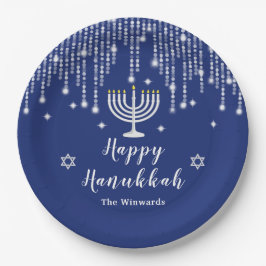 Blau und Silver String Lights Happy Hanukkah Pappteller