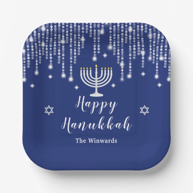 Blau und Silver String Lights Happy Hanukkah Pappteller (Vorderseite)