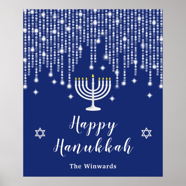 Blau und Silver String Lights Happy Hanukkah Poster (Vorne)