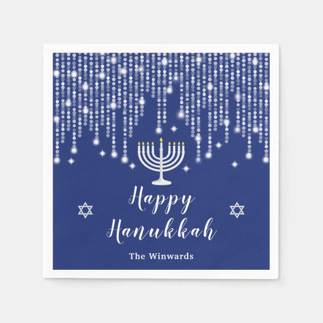 Blau und Silver String Lights Happy Hanukkah Serviette (Vorderseite)