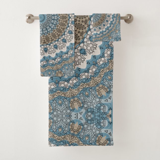 Blau und Tan Mandala Intricate Geometrisches Muste Badhandtuch Set (Insitu)