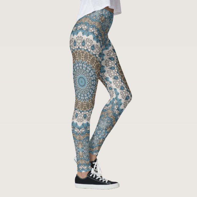 Blau und Tan Mandala Intricate Geometrisches Muste Leggings (Rechts)