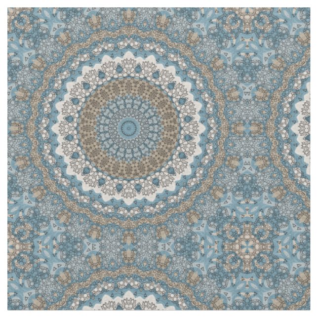 Blau und Tan Mandala Intricate Geometrisches Muste Stoff (Nahaufnahme)