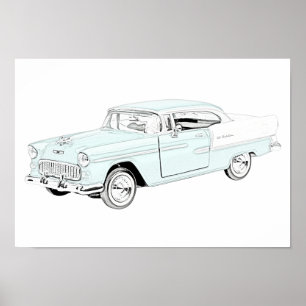 Blau und Weiß 1955 Chevy Bel Air Zeichnend Poster