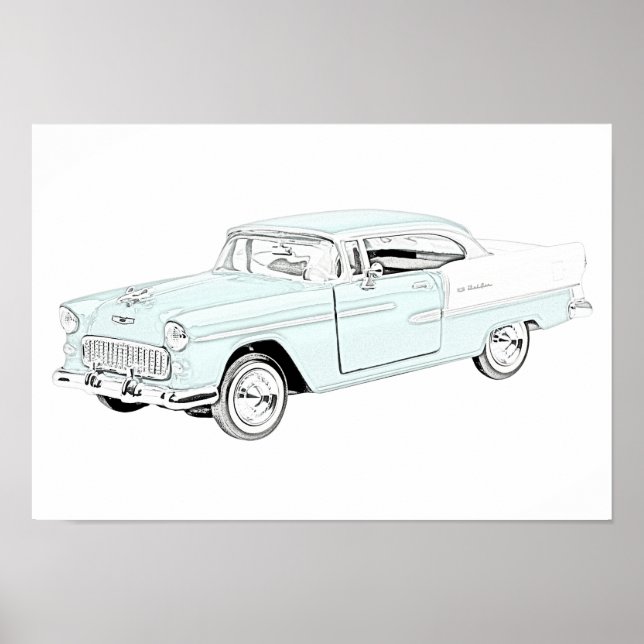 Blau und Weiß 1955 Chevy Bel Air Zeichnend Poster (Vorne)