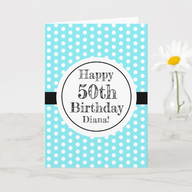 Blau und weiß 50. Geburtstag Polka Dots Karte (Kleine Pflanze)