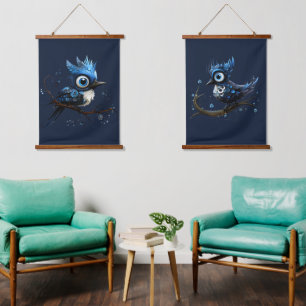 Blau und Weiß Abstrakt Blue Jay Couple Wandteppich Mit Holzrahmen